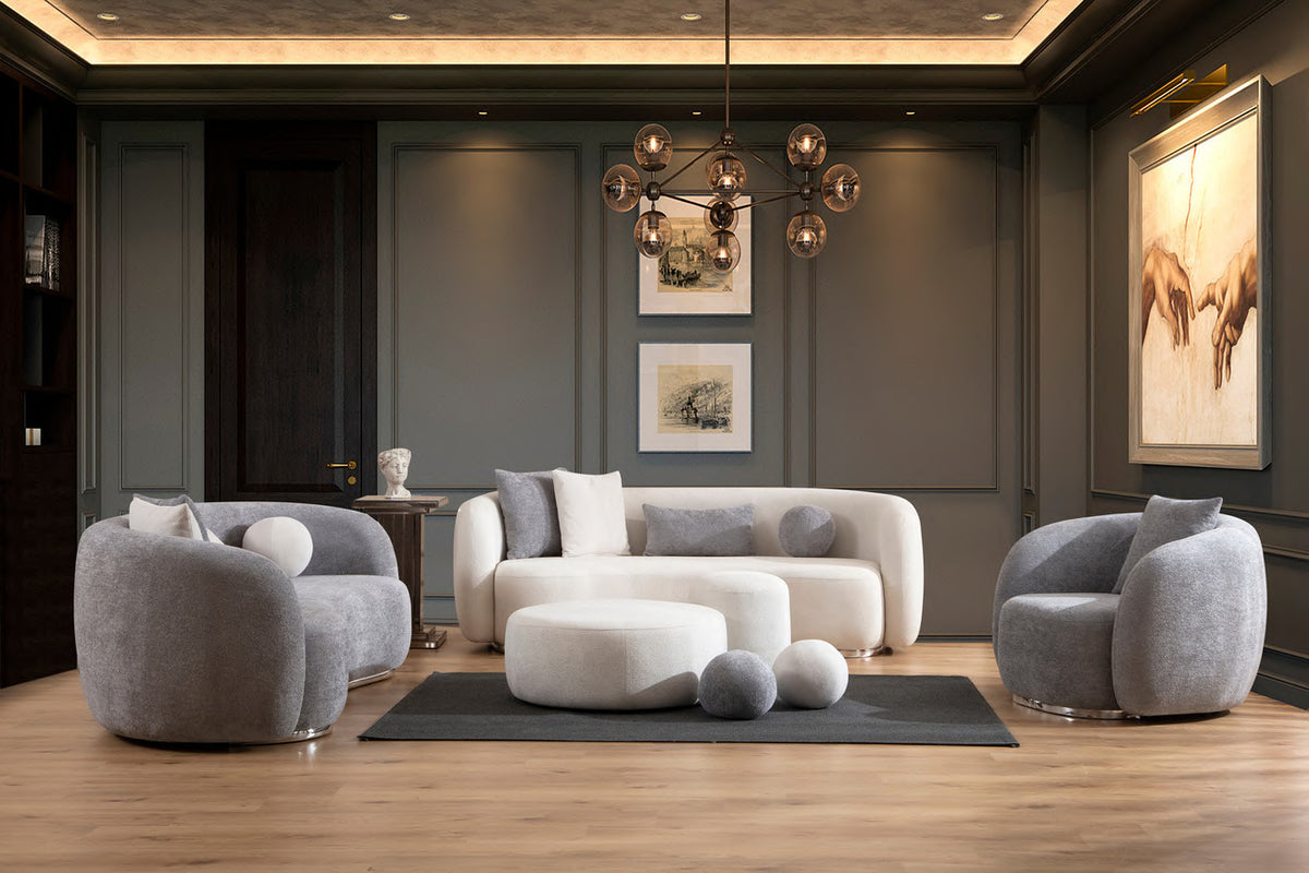 Aven three seater sofa and two armchairs; ottoman and styling objects excluded