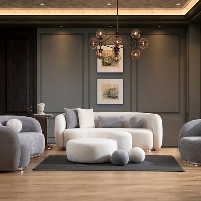 Aven three seater sofa and two armchairs; ottoman and styling objects excluded
