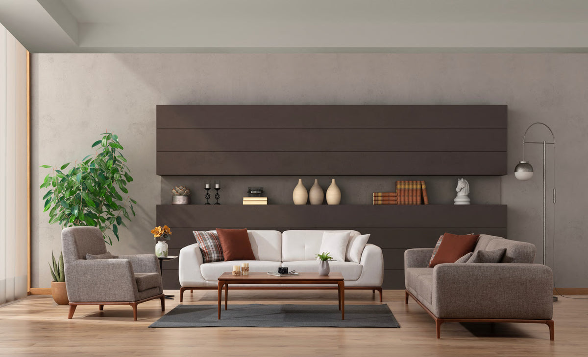 Darin two sofas and one armchair in a styled room; tables and wall storage excluded