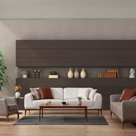 Darin two sofas and one armchair in a styled room; tables and wall storage excluded