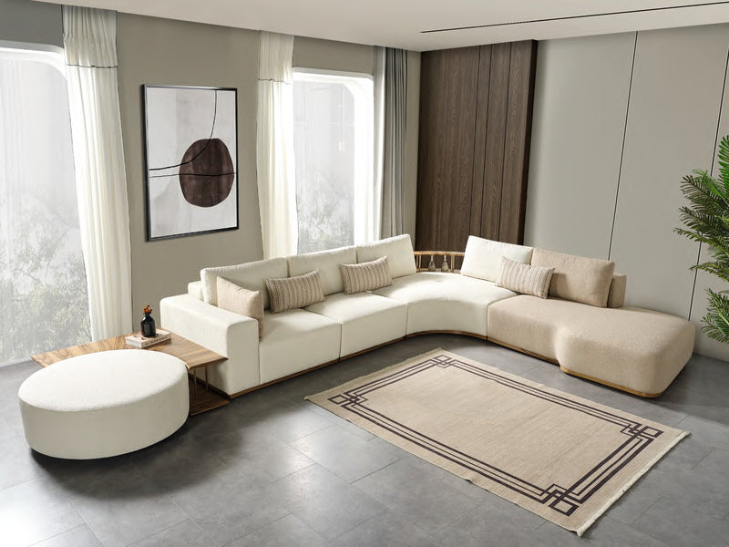 Neri modular corner sofa and round ottoman; freestanding side table excluded
