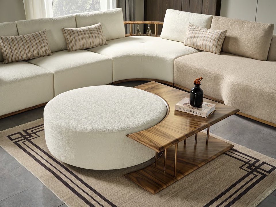 Neri round upholstered ottoman and corner seating detail; side table excluded