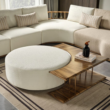 Neri round upholstered ottoman and corner seating detail; side table excluded