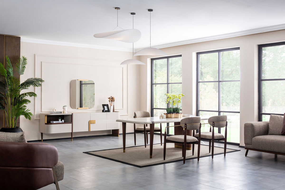 Riva wide dining room styling scene