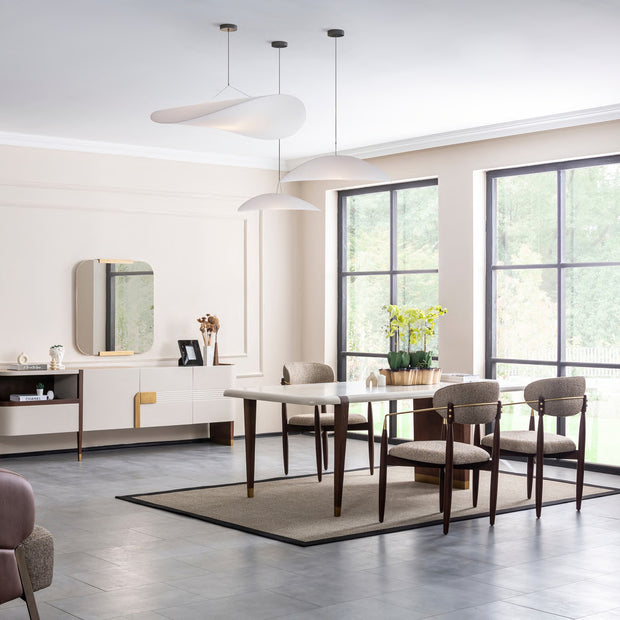 Riva wide dining room styling scene