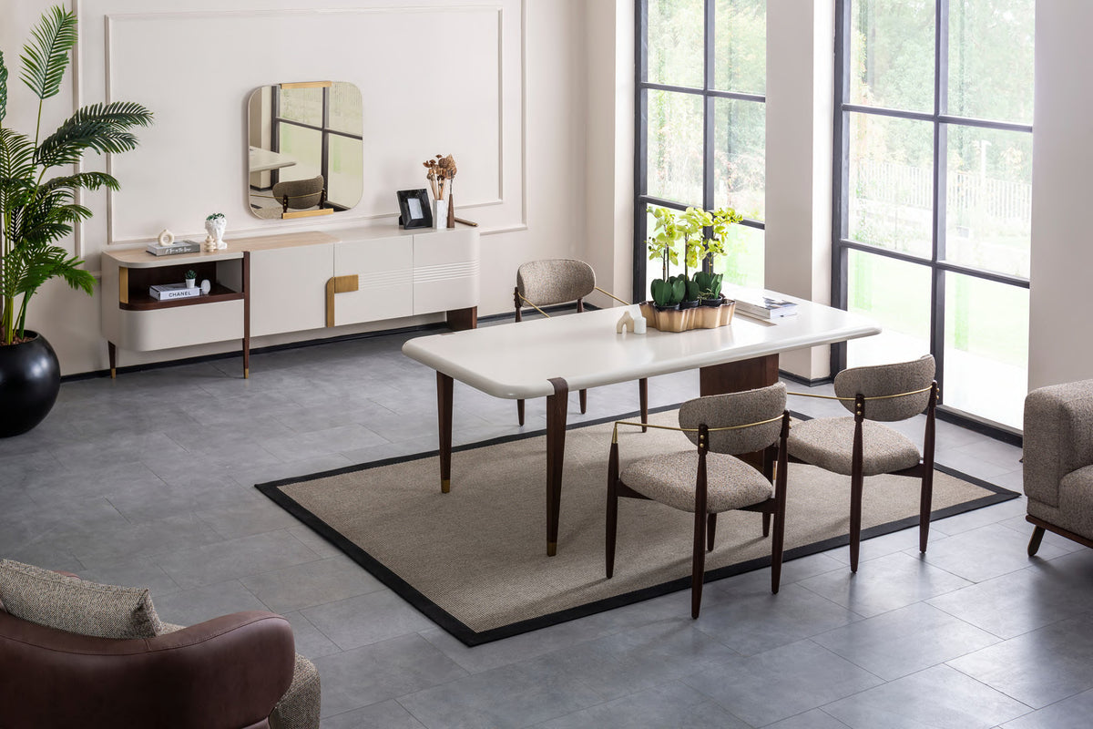 Riva dining room scene with table, chairs, sideboard and mirror; table length is not visually confirmed