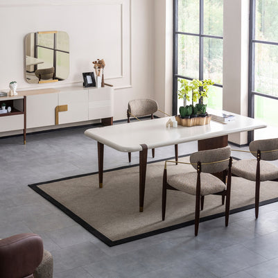 Riva dining room scene with table, chairs, sideboard and mirror; table length is not visually confirmed