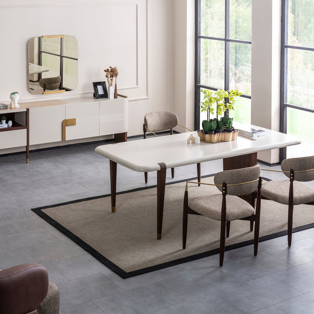 Riva dining room scene with table, chairs, sideboard and mirror; table length is not visually confirmed