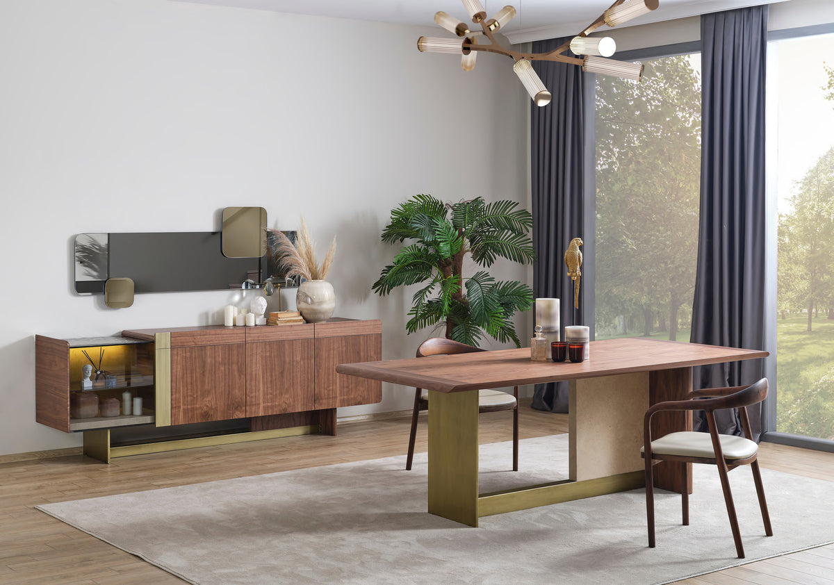 Siena dining table, chairs, sideboard and mirror in a styled room; photograph does not show all six supplied chairs