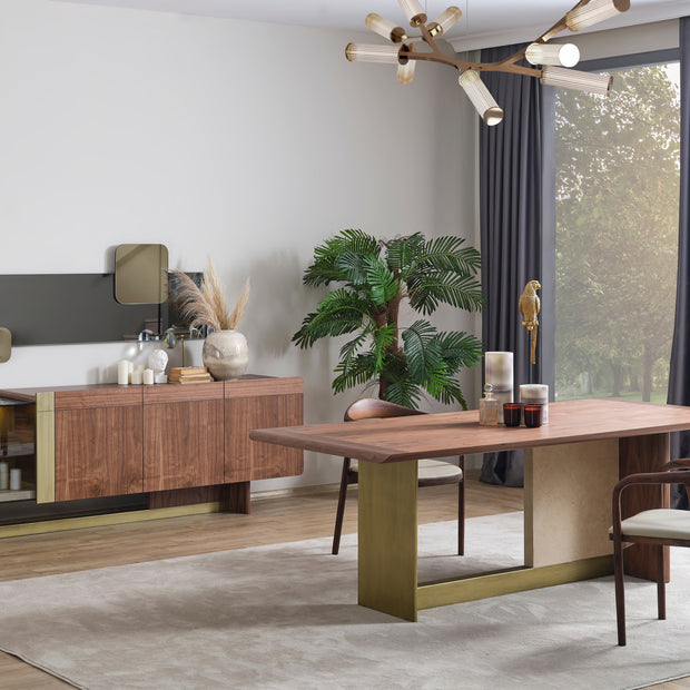 Siena dining table, chairs, sideboard and mirror in a styled room; photograph does not show all six supplied chairs