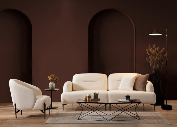 Tavi compact two-module sofa and accent armchair; freestanding tables excluded