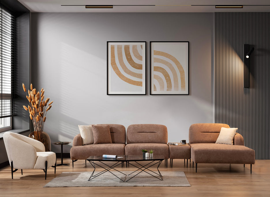 Tavi chaise configuration with narrow table module and accent armchair; freestanding coffee tables excluded