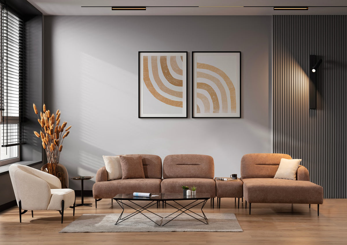 Tavi chaise configuration with narrow table module and accent armchair; freestanding coffee tables excluded