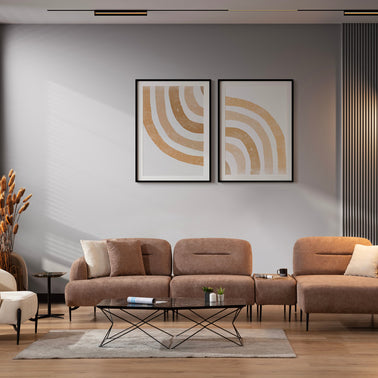 Tavi chaise configuration with narrow table module and accent armchair; freestanding coffee tables excluded